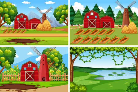 Set of farmland landscape illustrationのイラスト素材