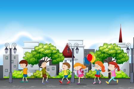 Boy and girl in the city illustrationのイラスト素材