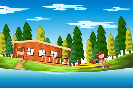 Girl on holiday lake house illustrationのイラスト素材