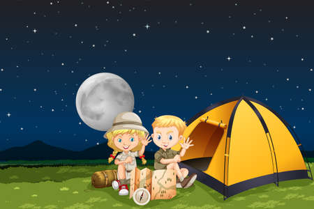 Children camping at night illustrationのイラスト素材
