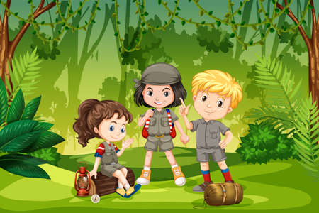 Three scout kids in the jungle illustrationのイラスト素材