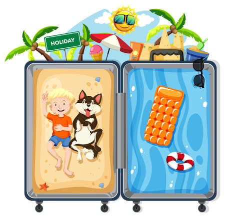 Boy and dog on summer vacation illustrationのイラスト素材