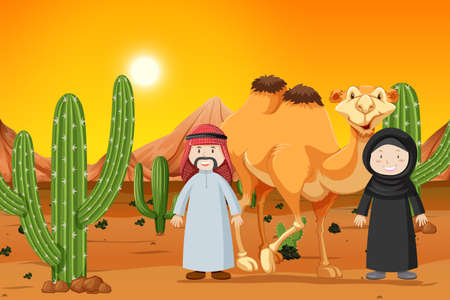 Camel and two muslim people illustrationのイラスト素材