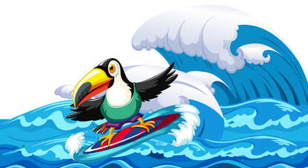 Toucan surfing big wave illustrationのイラスト素材