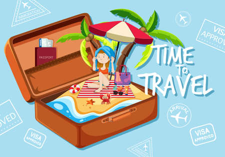 A girl on the beach in suitcase illustrationのイラスト素材