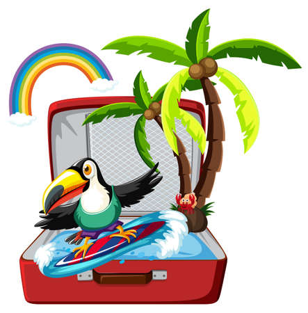 Toucan surfing in suitcase illustrationのイラスト素材