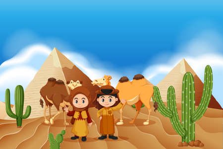 Children and camels in the desert illustrationのイラスト素材