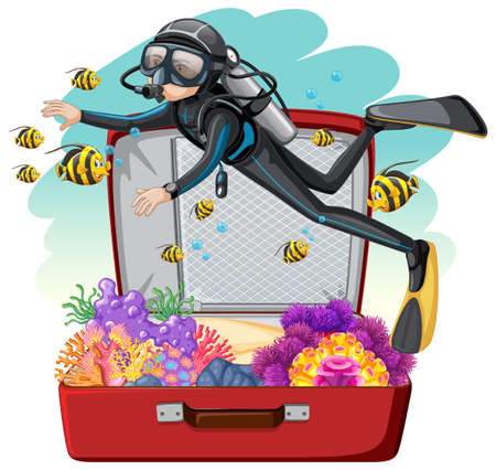A scuba diver on the luggage illustrationのイラスト素材