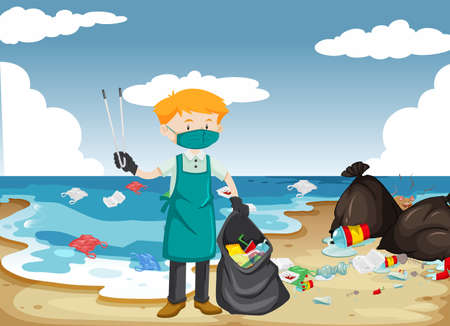 A man cleaning the beach illustrationのイラスト素材