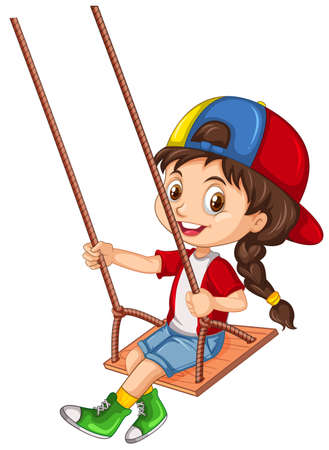 A girl character sitting on wooden swing illustrationのイラスト素材