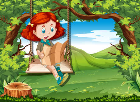 Camping girl reading map on swing illustrationのイラスト素材