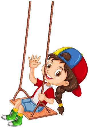 Happy girl palying on swing illustrationのイラスト素材