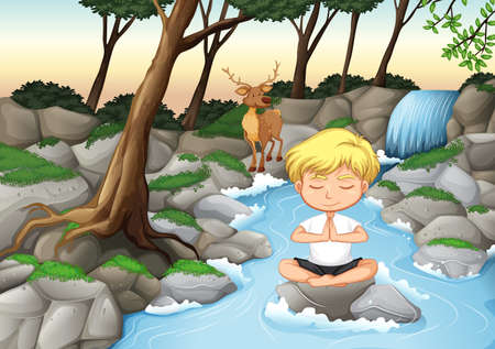 A boy meditate in nature illustrationのイラスト素材