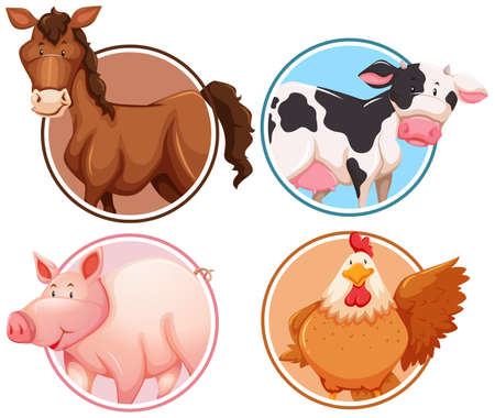 Set of farm animals in circle background illustrationのイラスト素材