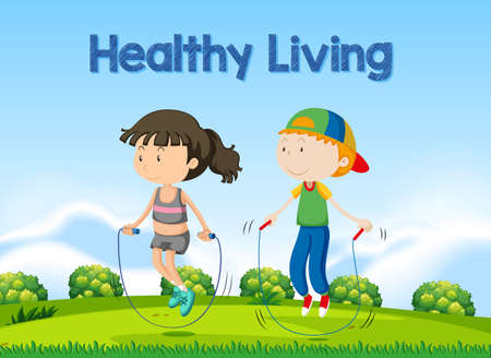 Boy and girl rope jumping illustrationのイラスト素材