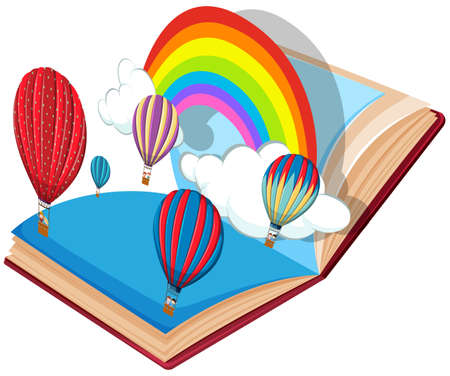 Open book  hot air balloon theme illustrationのイラスト素材