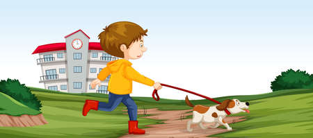 Boy walking his dog scene illustrationのイラスト素材