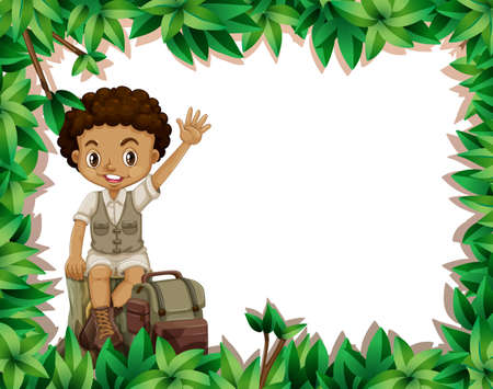 Camping boy on nature frame illustrationのイラスト素材