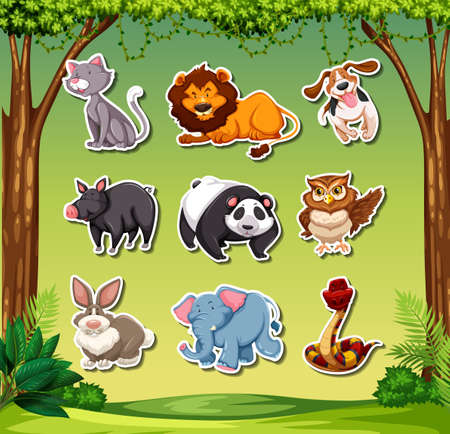 Set of different animals stickers illustrationのイラスト素材