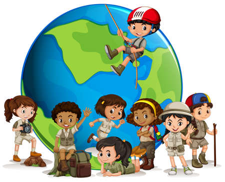 Multicultural scout with globe illustrationのイラスト素材