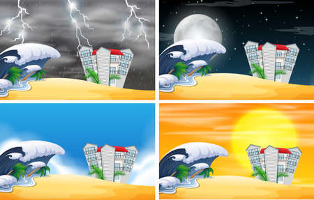 Set of beach resort scene different weather illustrationのイラスト素材