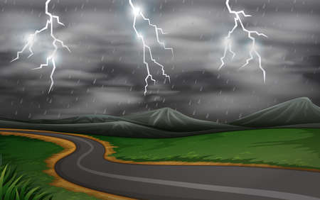 A thunderstorm road  scene illustration