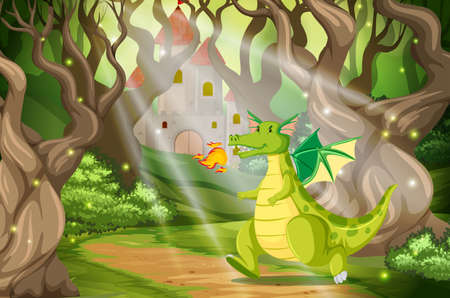 A dragon in the forest castle illustrationのイラスト素材