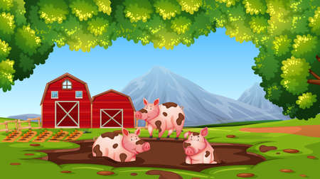 Happy pig in the farm illustrationのイラスト素材