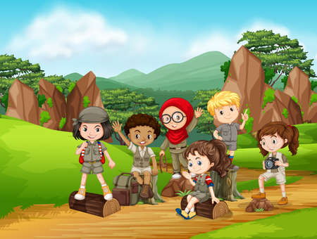 Group of scout kids scene illustrationのイラスト素材