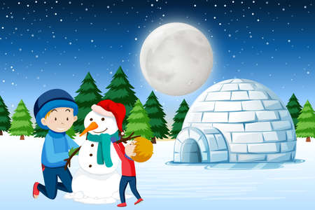 Father and son building snowman illustrationのイラスト素材