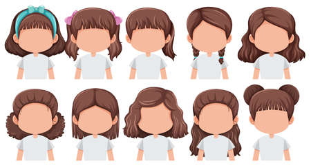 Set of faceless brunette girl character illustrationのイラスト素材