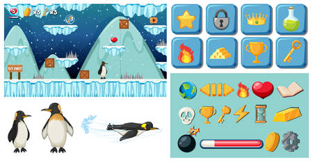 cartoon penguin gaming pack illustrationのイラスト素材