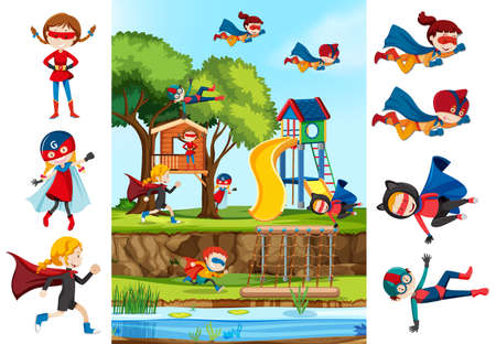 Set of girl superhero and playgrounf background illustrationのイラスト素材