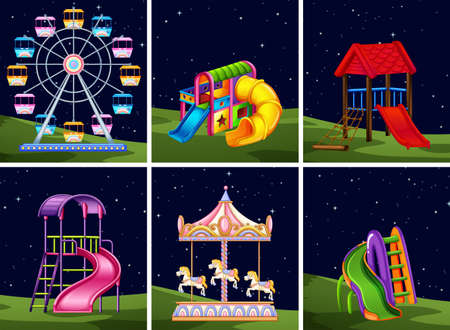 Set of playground element at night illustrationのイラスト素材