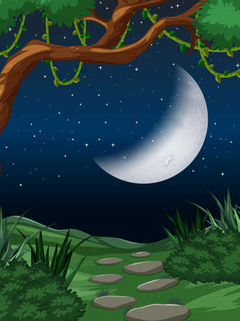 Cresent moon nature scene illustrationのイラスト素材