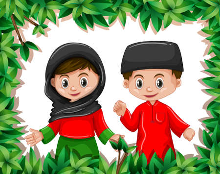 Friends with a nature frame illustrationのイラスト素材