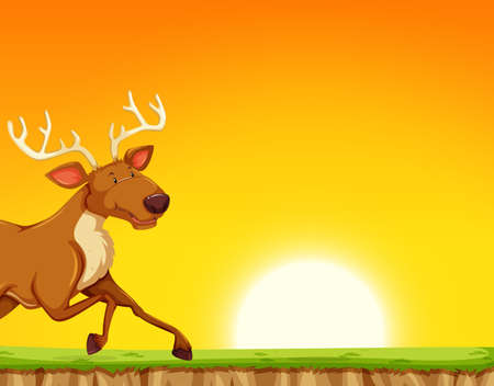reindeer running past sunset illustrationのイラスト素材