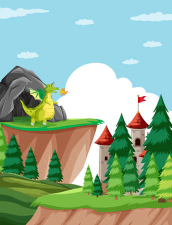 Fire breathing dragon in castle scene illustrationのイラスト素材