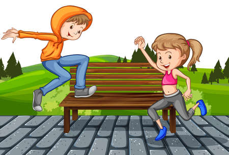 Boy and girl in park illustrationのイラスト素材