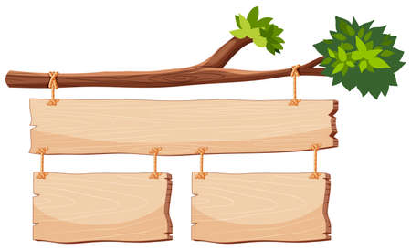 Wooden banner on tree branch illustrationのイラスト素材