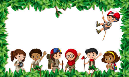 Multicultural children in leaf scene illustrationのイラスト素材
