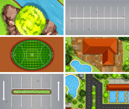 Set of aerial view scenes illustrationのイラスト素材