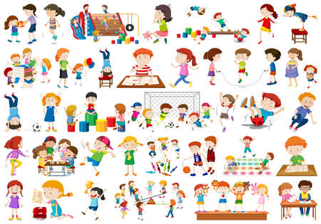 Boys, girls, children in educational fun activty theme illustrationのイラスト素材