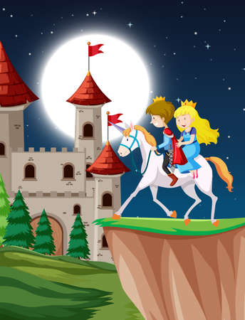 Prince and princess riding fantasy unicorn at night with Moon illustrationのイラスト素材