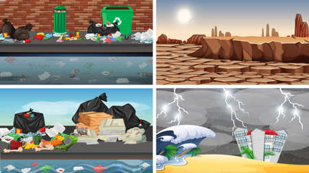 Set of polluted scenes illustrationのイラスト素材