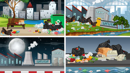 Set of polluted scenes illustrationのイラスト素材