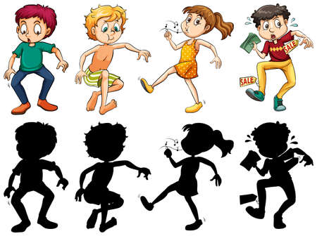 Silhouette, color and outline version of crazy kids illustrationのイラスト素材