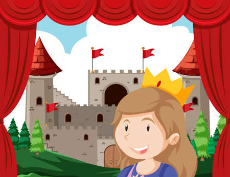 Princess in foreground of stage acting in front of castle illustrationのイラスト素材