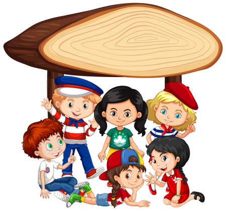 Banner template design with many kids under wooden sign illustrationのイラスト素材