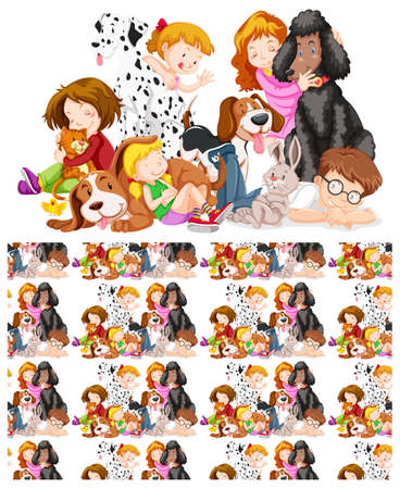 Seamless background design with kids and pets illustrationのイラスト素材